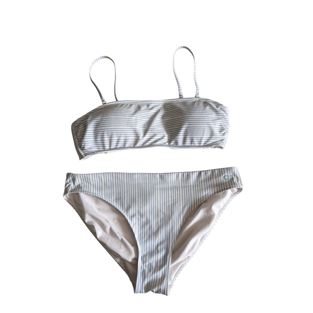 Vineyard Vines Womens Blue White Pinstripe Bikini Set Bandeau Tie Back Size M